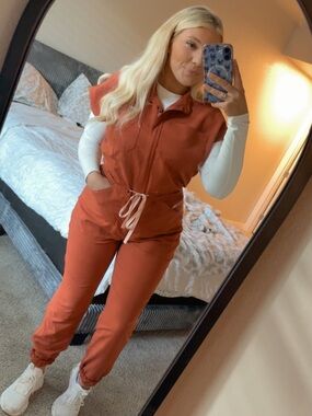 Women's figs Rust Utility Jumpsuit with Drawstring Waist